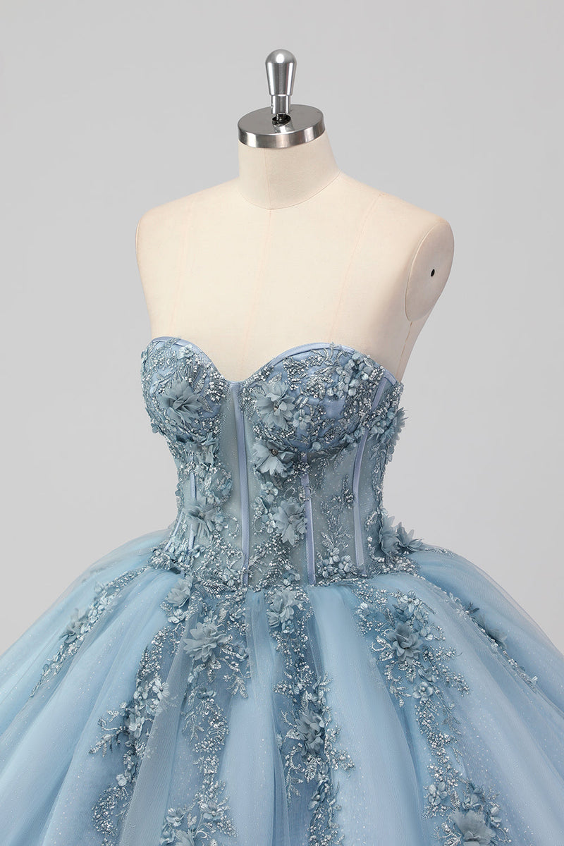 Laden Sie das Bild in den Galerie-Viewer, Prinzessin Grau Blau Trägerloses Quinceanera Kleid aus Tüll mit Applikationen