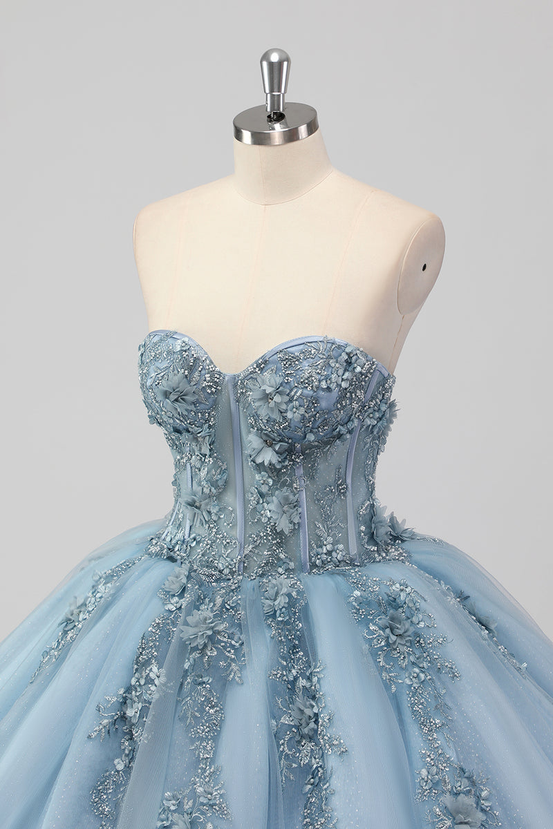 Laden Sie das Bild in den Galerie-Viewer, Prinzessin Grau Blau Trägerloses Quinceanera Kleid aus Tüll mit Applikationen