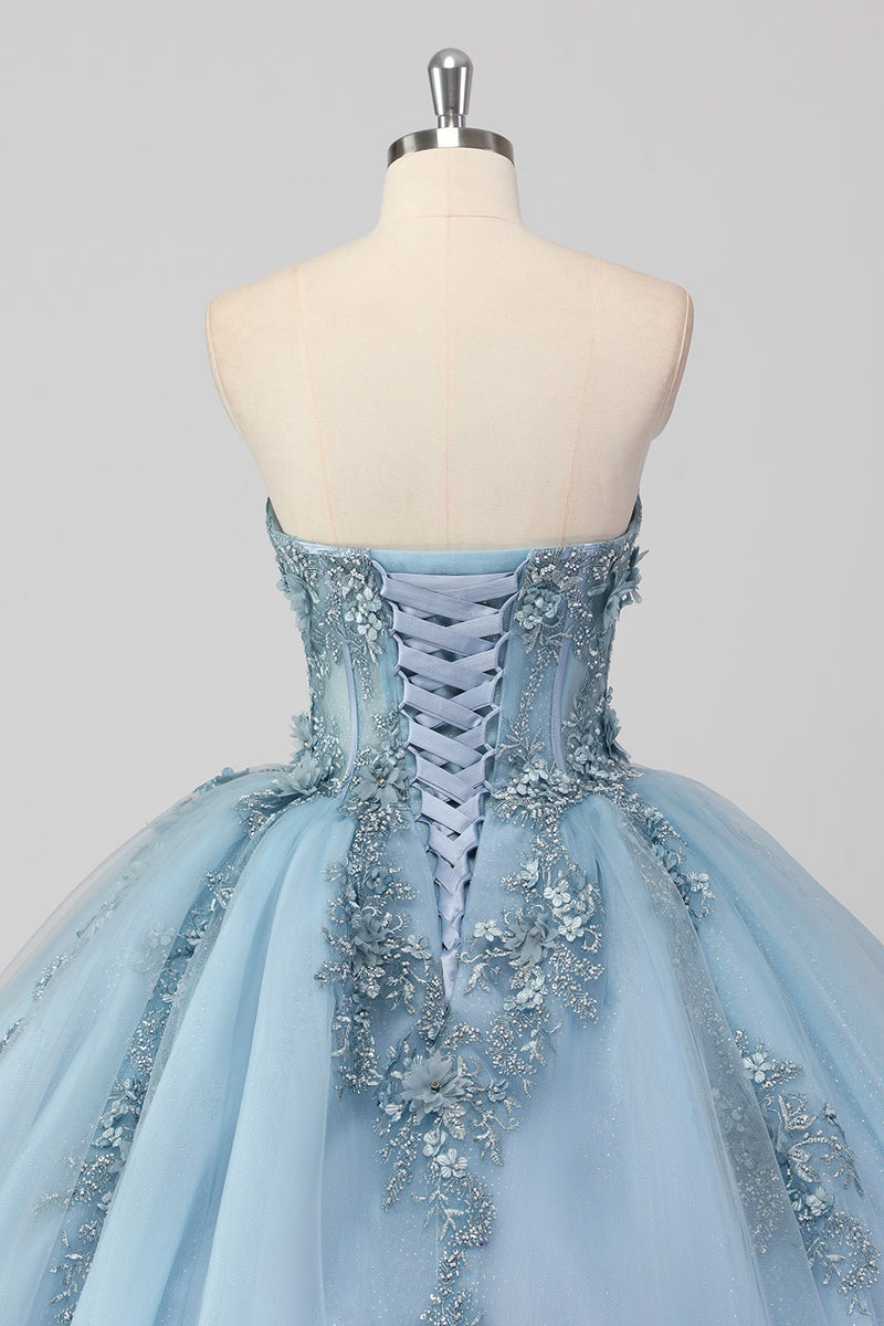 Laden Sie das Bild in den Galerie-Viewer, Prinzessin Grau Blau Trägerloses Quinceanera Kleid aus Tüll mit Applikationen