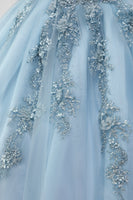Laden Sie das Bild in den Galerie-Viewer, Prinzessin Grau Blau Trägerloses Quinceanera Kleid aus Tüll mit Applikationen