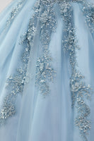 Laden Sie das Bild in den Galerie-Viewer, Prinzessin Grau Blau Trägerloses Quinceanera Kleid aus Tüll mit Applikationen