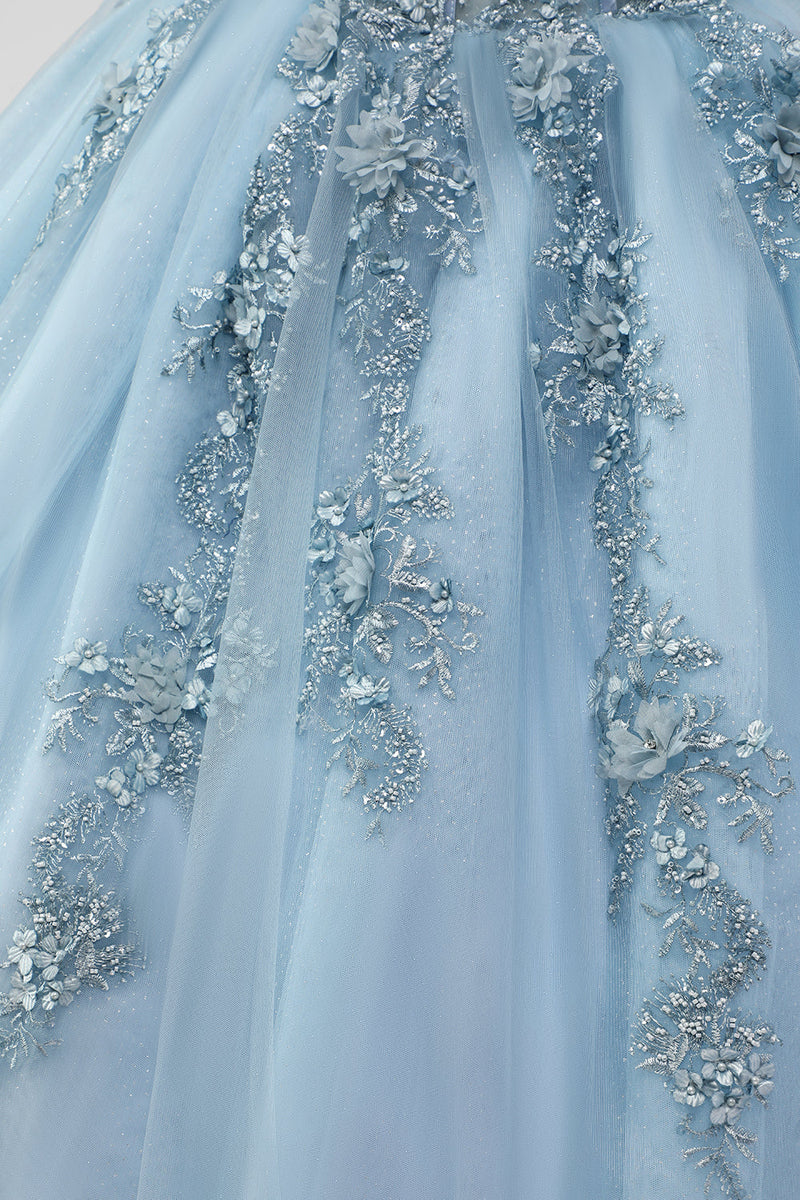Laden Sie das Bild in den Galerie-Viewer, Prinzessin Grau Blau Trägerloses Quinceanera Kleid aus Tüll mit Applikationen