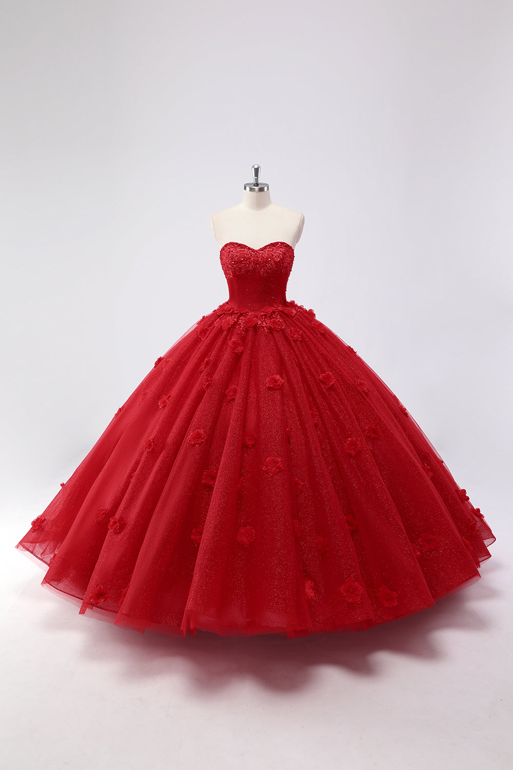 Funkelndes Rotes Ballkleid Trägerloses Quinceanera Kleid aus Tüll mit Blumenapplikationen