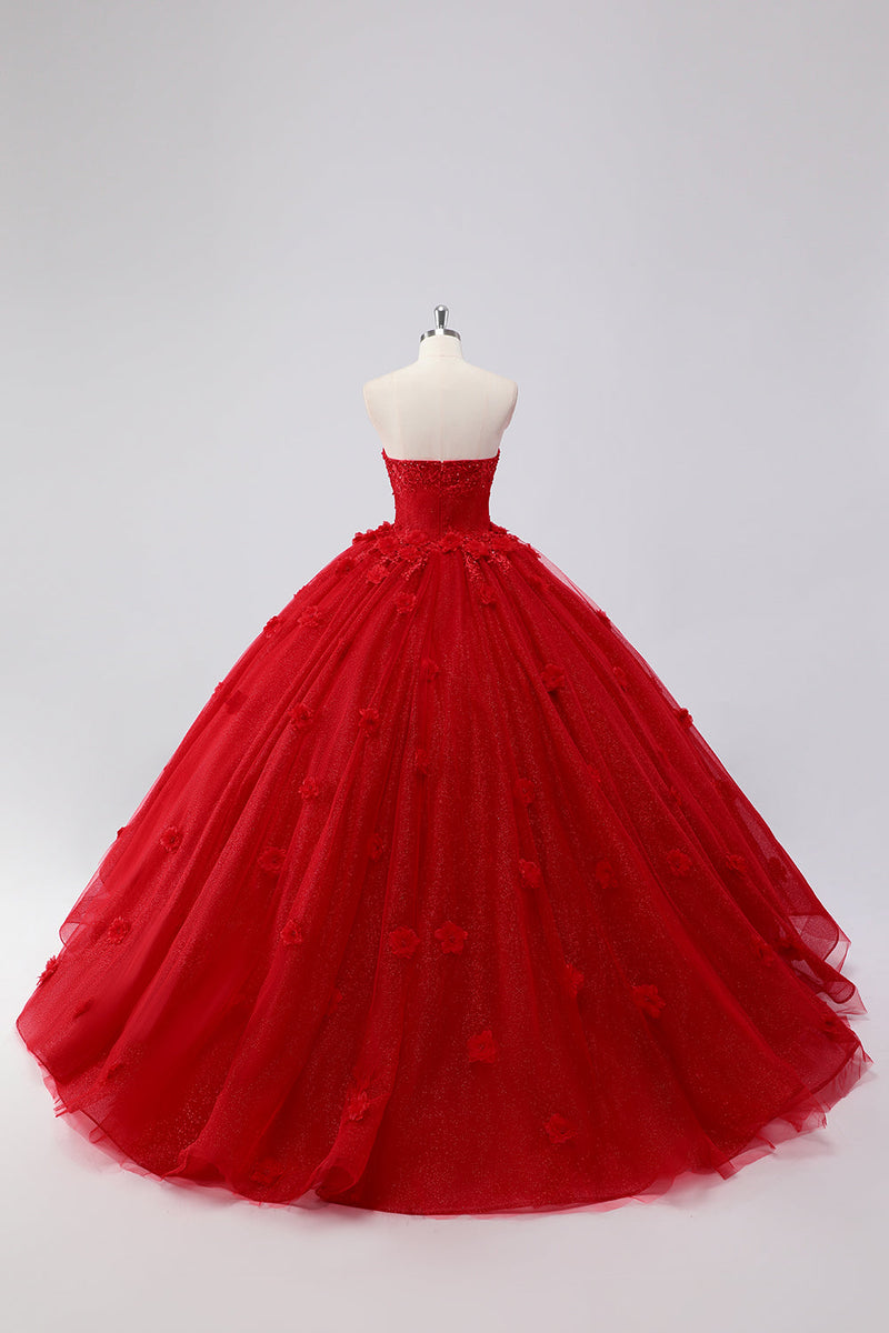 Laden Sie das Bild in den Galerie-Viewer, Funkelndes Rotes Ballkleid Trägerloses Quinceanera Kleid aus Tüll mit Blumenapplikationen