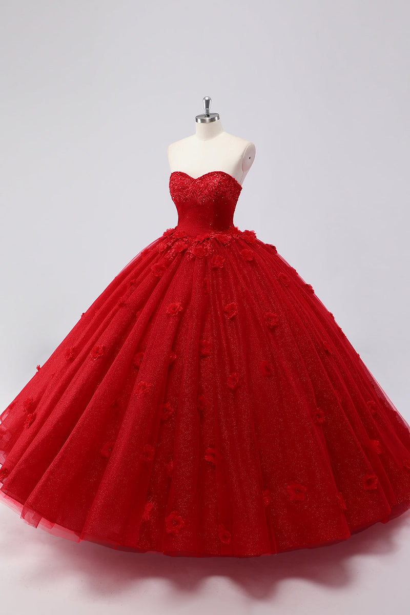 Laden Sie das Bild in den Galerie-Viewer, Funkelndes Rotes Ballkleid Trägerloses Quinceanera Kleid aus Tüll mit Blumenapplikationen