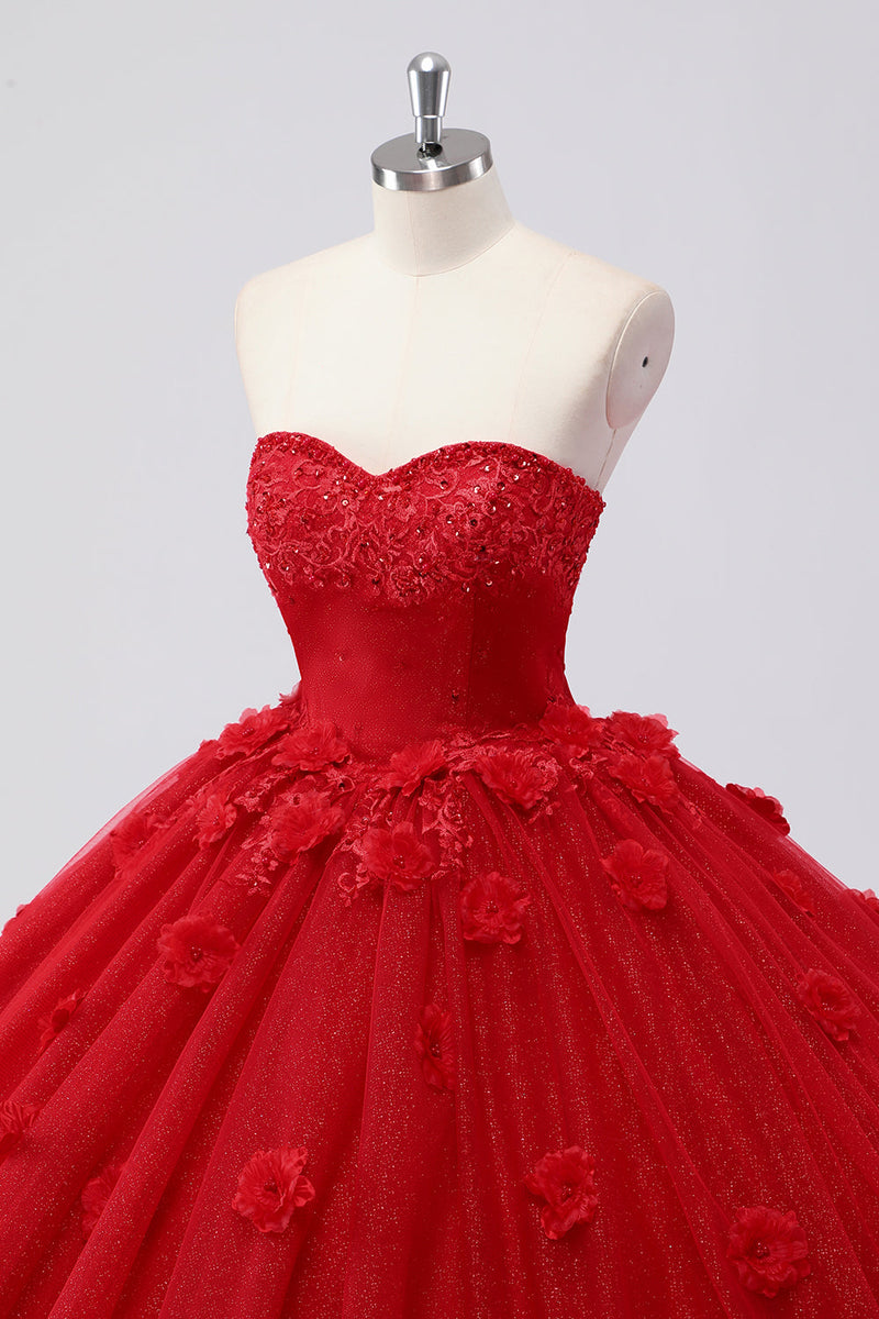 Laden Sie das Bild in den Galerie-Viewer, Funkelndes Rotes Ballkleid Trägerloses Quinceanera Kleid aus Tüll mit Blumenapplikationen