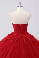 Laden Sie das Bild in den Galerie-Viewer, Funkelndes Rotes Ballkleid Trägerloses Quinceanera Kleid aus Tüll mit Blumenapplikationen