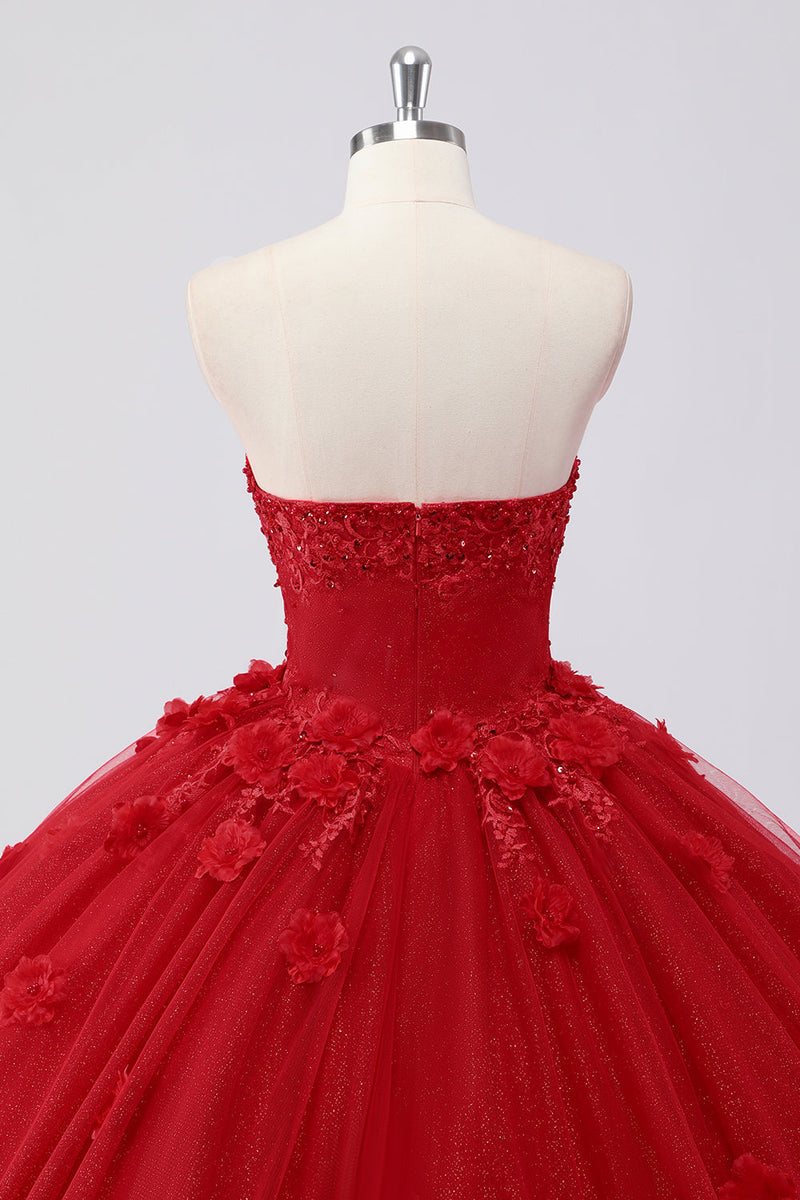 Laden Sie das Bild in den Galerie-Viewer, Funkelndes Rotes Ballkleid Trägerloses Quinceanera Kleid aus Tüll mit Blumenapplikationen