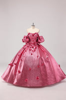 Laden Sie das Bild in den Galerie-Viewer, Prinzessin Fuchsia Ballkleid Schulterfreies Quinceanera Kleid mit Puffärmeln und 3D-Blumen