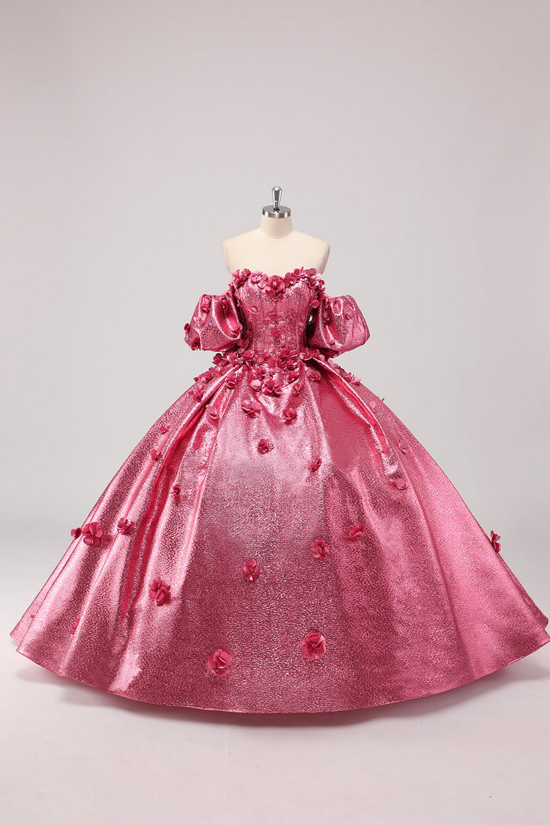 Laden Sie das Bild in den Galerie-Viewer, Prinzessin Fuchsia Ballkleid Schulterfreies Quinceanera Kleid mit Puffärmeln und 3D-Blumen
