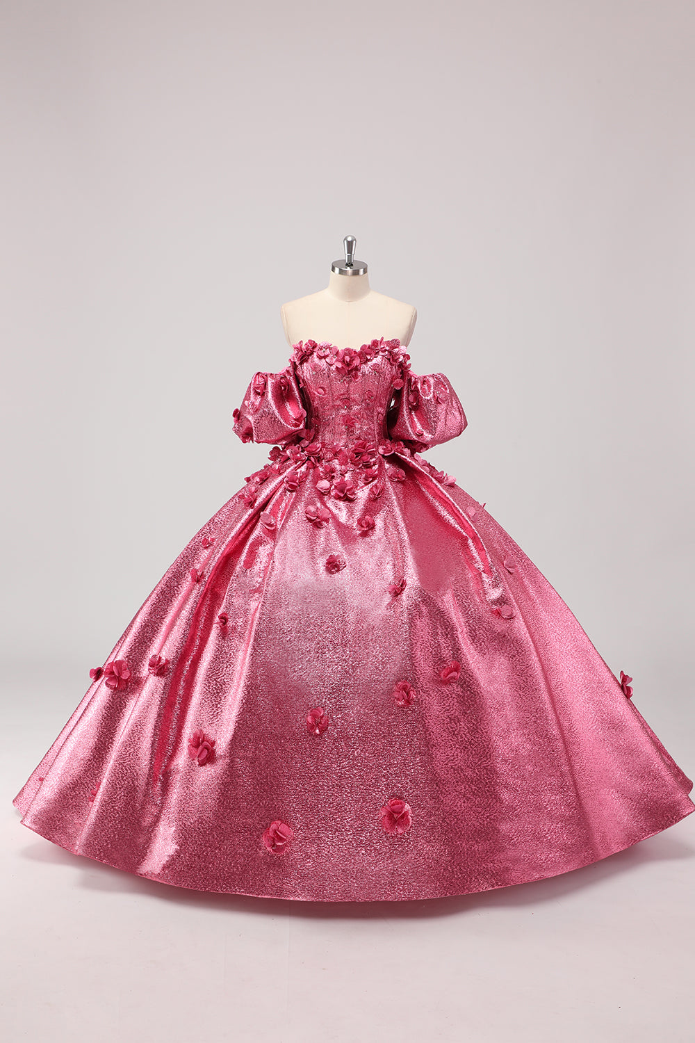 Prinzessin Fuchsia Ballkleid Schulterfreies Quinceanera Kleid mit Puffärmeln und 3D-Blumen