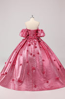 Laden Sie das Bild in den Galerie-Viewer, Prinzessin Fuchsia Ballkleid Schulterfreies Quinceanera Kleid mit Puffärmeln und 3D-Blumen