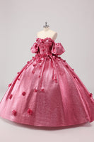 Laden Sie das Bild in den Galerie-Viewer, Prinzessin Fuchsia Ballkleid Schulterfreies Quinceanera Kleid mit Puffärmeln und 3D-Blumen