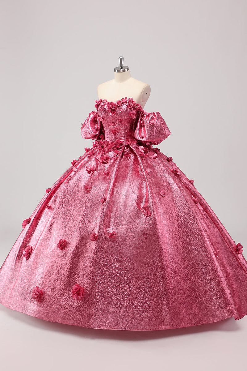 Laden Sie das Bild in den Galerie-Viewer, Prinzessin Fuchsia Ballkleid Schulterfreies Quinceanera Kleid mit Puffärmeln und 3D-Blumen