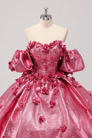 Laden Sie das Bild in den Galerie-Viewer, Prinzessin Fuchsia Ballkleid Schulterfreies Quinceanera Kleid mit Puffärmeln und 3D-Blumen