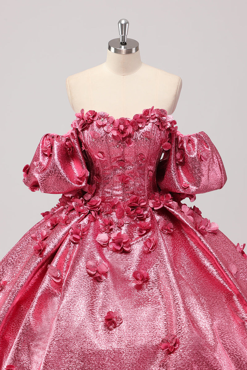 Laden Sie das Bild in den Galerie-Viewer, Prinzessin Fuchsia Ballkleid Schulterfreies Quinceanera Kleid mit Puffärmeln und 3D-Blumen