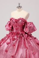 Laden Sie das Bild in den Galerie-Viewer, Prinzessin Fuchsia Ballkleid Schulterfreies Quinceanera Kleid mit Puffärmeln und 3D-Blumen