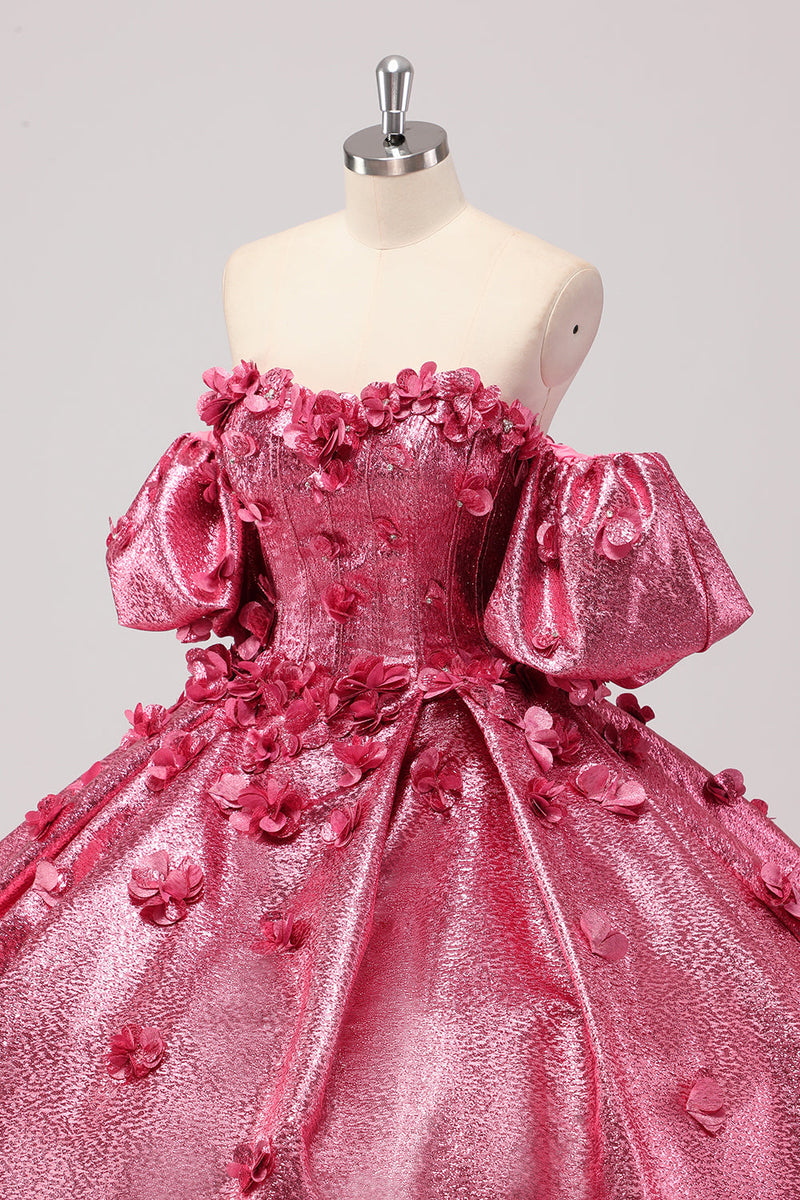 Laden Sie das Bild in den Galerie-Viewer, Prinzessin Fuchsia Ballkleid Schulterfreies Quinceanera Kleid mit Puffärmeln und 3D-Blumen