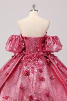 Laden Sie das Bild in den Galerie-Viewer, Prinzessin Fuchsia Ballkleid Schulterfreies Quinceanera Kleid mit Puffärmeln und 3D-Blumen
