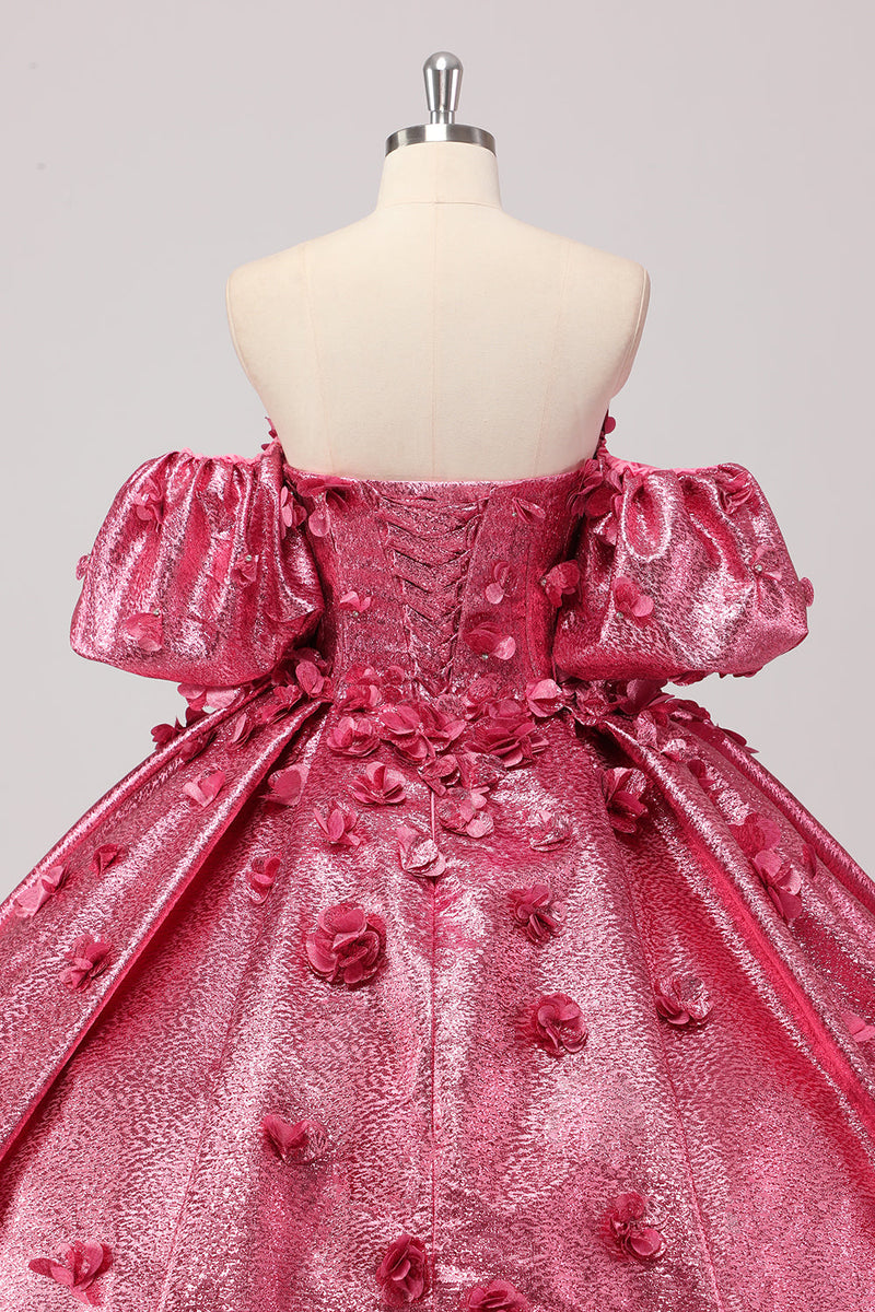 Laden Sie das Bild in den Galerie-Viewer, Prinzessin Fuchsia Ballkleid Schulterfreies Quinceanera Kleid mit Puffärmeln und 3D-Blumen