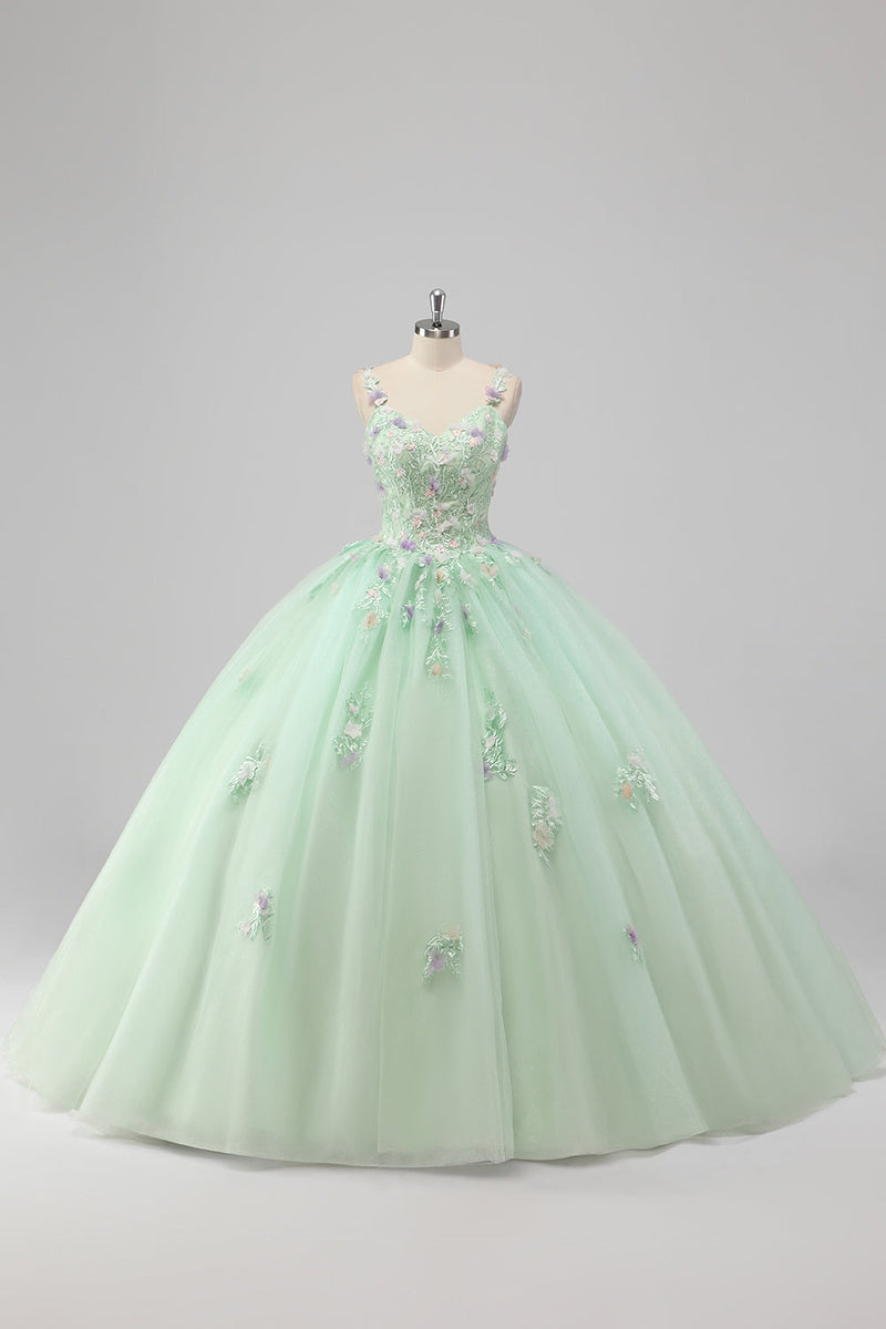 Laden Sie das Bild in den Galerie-Viewer, Prinzessin Grünes Ballkleid Spaghettiträger Tüll Quinceanera Kleid mit 3D-Blumen Applikationen