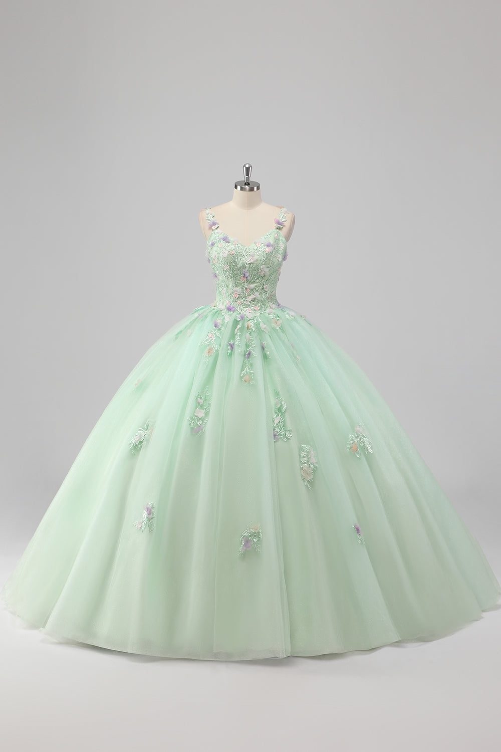 Prinzessin Grünes Ballkleid Spaghettiträger Tüll Quinceanera Kleid mit 3D-Blumen Applikationen
