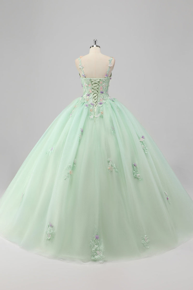 Laden Sie das Bild in den Galerie-Viewer, Prinzessin Grünes Ballkleid Spaghettiträger Tüll Quinceanera Kleid mit 3D-Blumen Applikationen