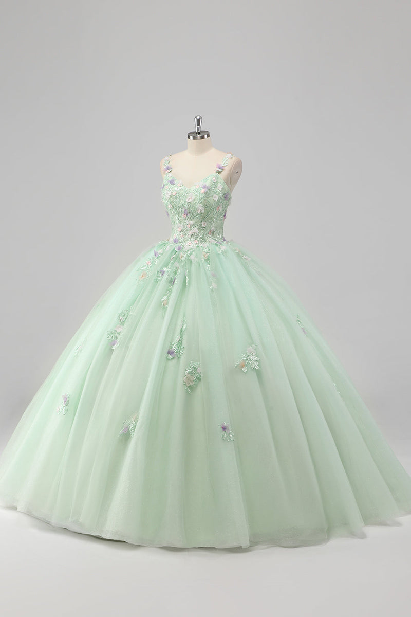 Laden Sie das Bild in den Galerie-Viewer, Prinzessin Grünes Ballkleid Spaghettiträger Tüll Quinceanera Kleid mit 3D-Blumen Applikationen