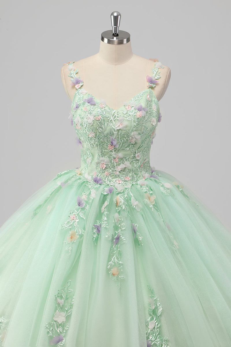 Laden Sie das Bild in den Galerie-Viewer, Prinzessin Grünes Ballkleid Spaghettiträger Tüll Quinceanera Kleid mit 3D-Blumen Applikationen