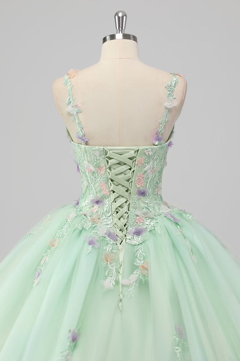 Laden Sie das Bild in den Galerie-Viewer, Prinzessin Grünes Ballkleid Spaghettiträger Tüll Quinceanera Kleid mit 3D-Blumen Applikationen