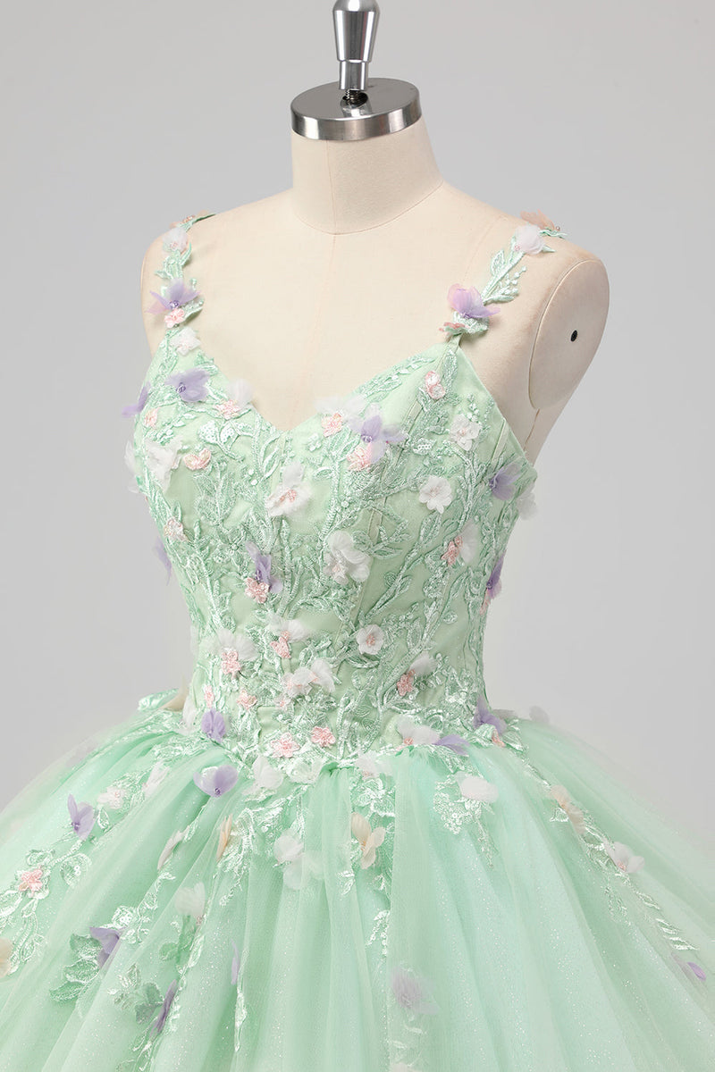 Laden Sie das Bild in den Galerie-Viewer, Prinzessin Grünes Ballkleid Spaghettiträger Tüll Quinceanera Kleid mit 3D-Blumen Applikationen