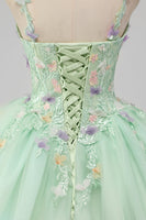 Laden Sie das Bild in den Galerie-Viewer, Prinzessin Grünes Ballkleid Spaghettiträger Tüll Quinceanera Kleid mit 3D-Blumen Applikationen
