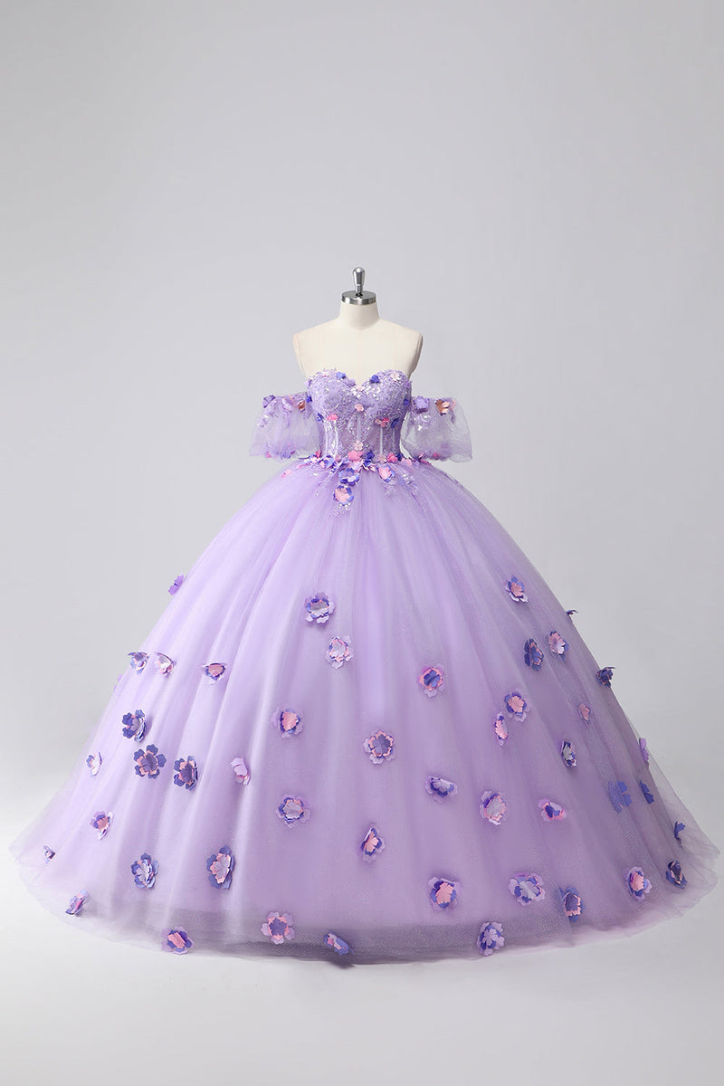 Laden Sie das Bild in den Galerie-Viewer, Glitzerndes Flieder Ballkleid Schulterfrei Tüll Quinceanera Kleid aus Puffärmeln mit 3D-Blumen