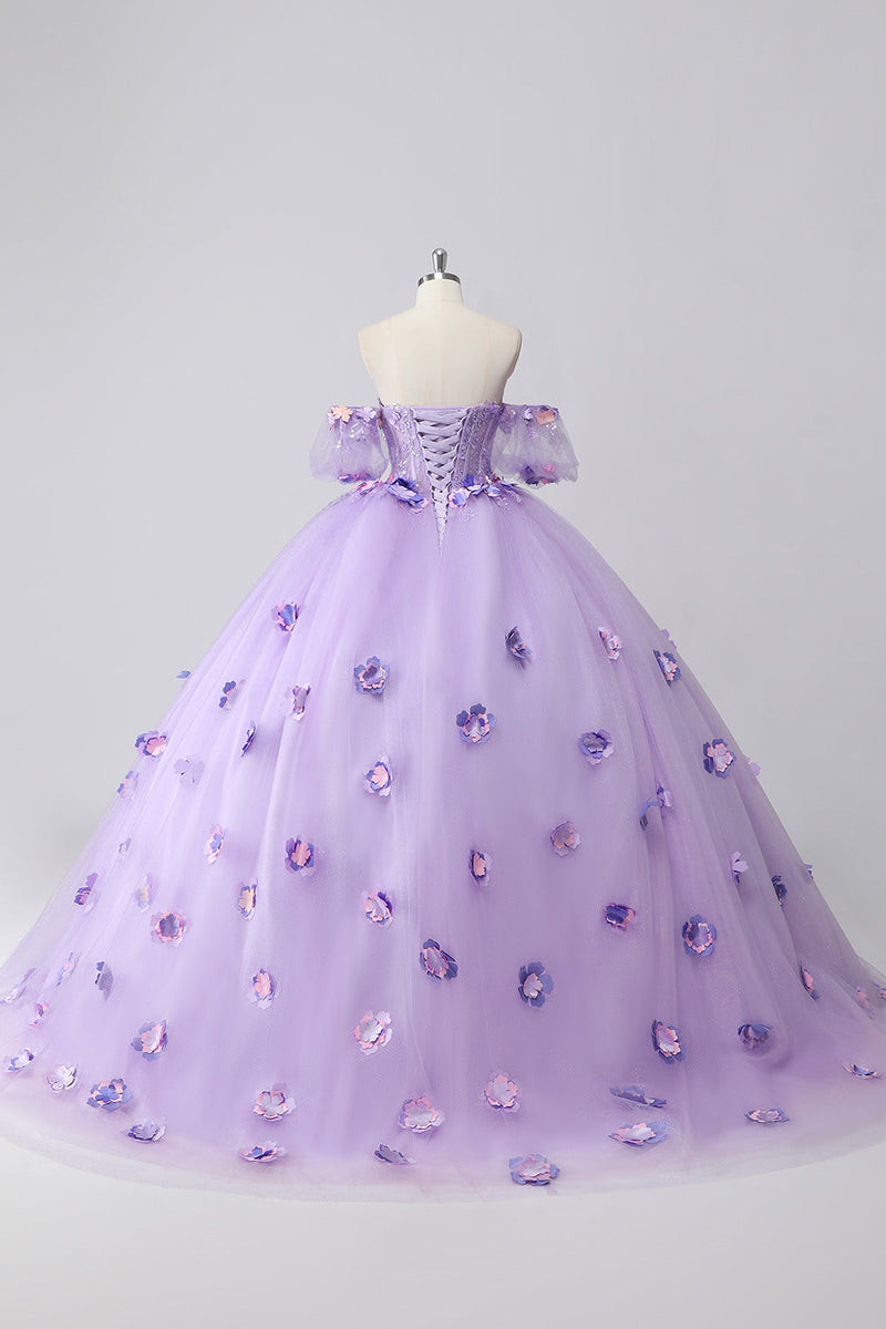 Laden Sie das Bild in den Galerie-Viewer, Glitzerndes Flieder Ballkleid Schulterfrei Tüll Quinceanera Kleid aus Puffärmeln mit 3D-Blumen
