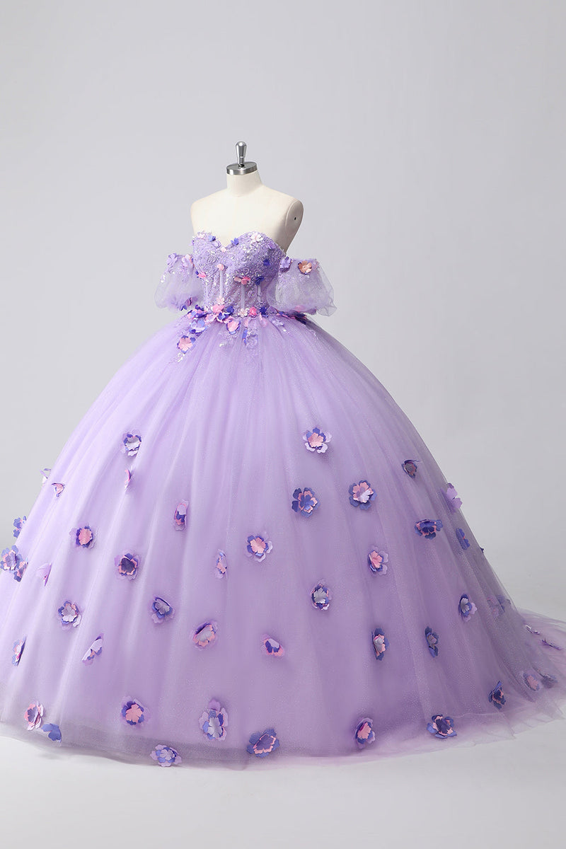 Laden Sie das Bild in den Galerie-Viewer, Glitzerndes Flieder Ballkleid Schulterfrei Tüll Quinceanera Kleid aus Puffärmeln mit 3D-Blumen