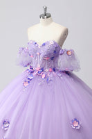Laden Sie das Bild in den Galerie-Viewer, Glitzerndes Flieder Ballkleid Schulterfrei Tüll Quinceanera Kleid aus Puffärmeln mit 3D-Blumen