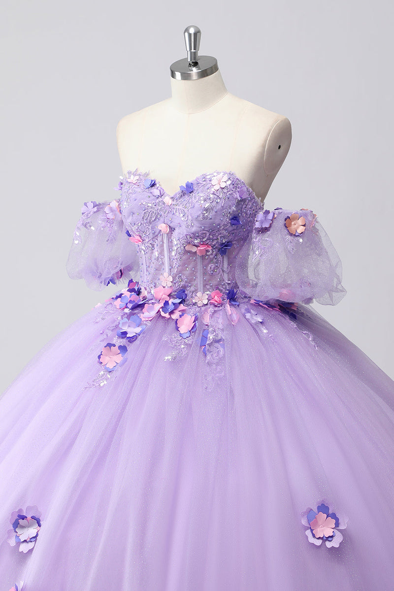 Laden Sie das Bild in den Galerie-Viewer, Glitzerndes Flieder Ballkleid Schulterfrei Tüll Quinceanera Kleid aus Puffärmeln mit 3D-Blumen