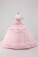 Laden Sie das Bild in den Galerie-Viewer, Prinzessin Blush Ballkleid Schulterfreies Quinceanera Kleid aus Tüll mit Stickerei