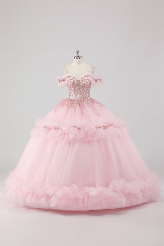 Prinzessin Blush Ballkleid Schulterfreies Quinceanera Kleid aus Tüll mit Stickerei