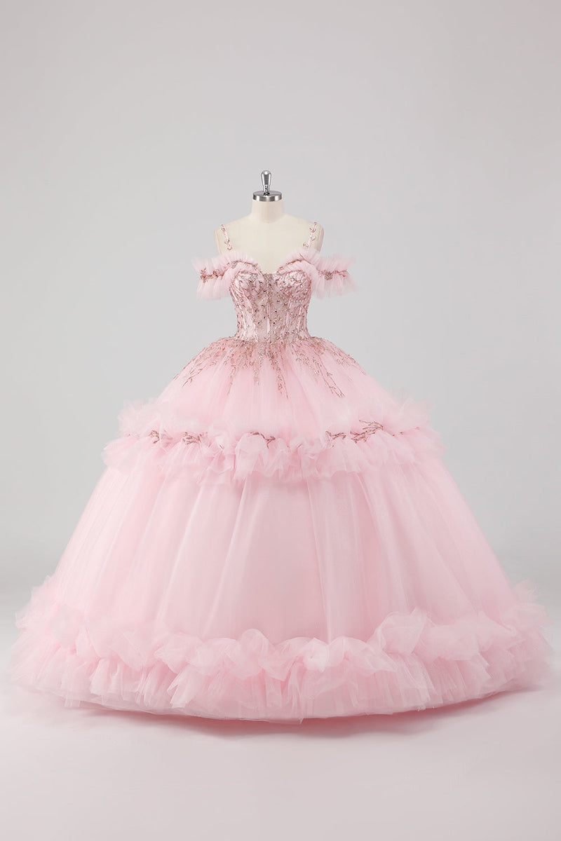 Laden Sie das Bild in den Galerie-Viewer, Prinzessin Blush Ballkleid Schulterfreies Quinceanera Kleid aus Tüll mit Stickerei