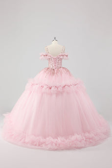 Prinzessin Blush Ballkleid Schulterfreies Quinceanera Kleid aus Tüll mit Stickerei