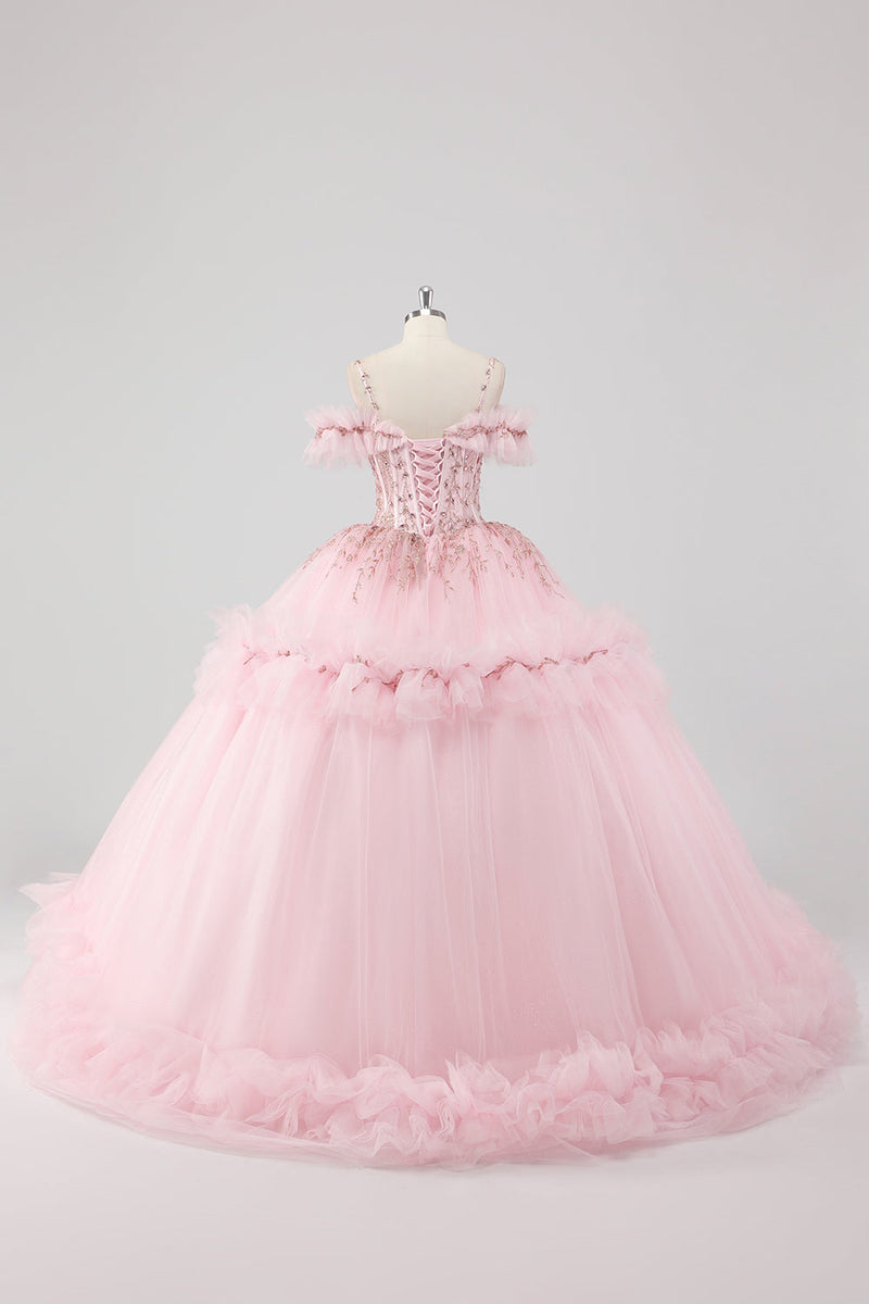 Laden Sie das Bild in den Galerie-Viewer, Prinzessin Blush Ballkleid Schulterfreies Quinceanera Kleid aus Tüll mit Stickerei