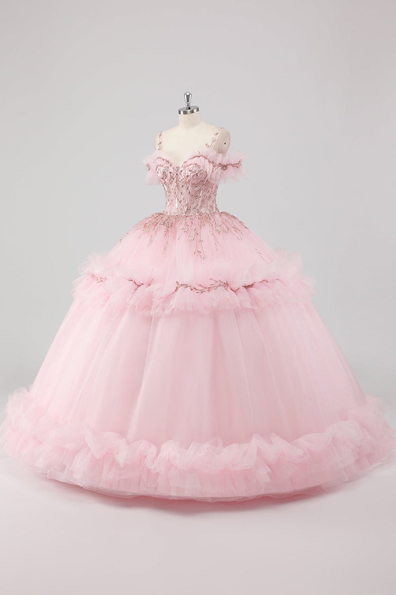 Laden Sie das Bild in den Galerie-Viewer, Prinzessin Blush Ballkleid Schulterfreies Quinceanera Kleid aus Tüll mit Stickerei