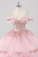 Laden Sie das Bild in den Galerie-Viewer, Prinzessin Blush Ballkleid Schulterfreies Quinceanera Kleid aus Tüll mit Stickerei