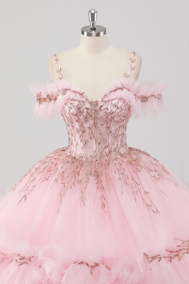 Laden Sie das Bild in den Galerie-Viewer, Prinzessin Blush Ballkleid Schulterfreies Quinceanera Kleid aus Tüll mit Stickerei