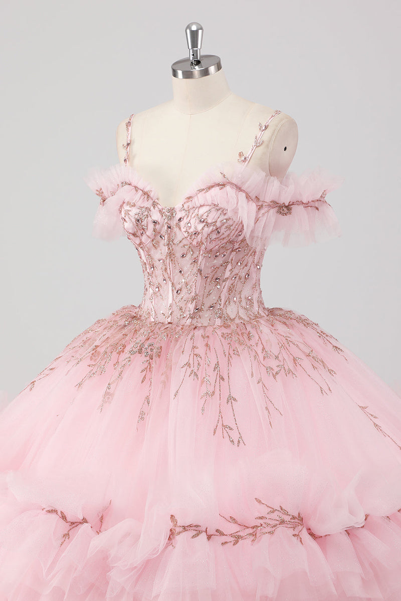 Laden Sie das Bild in den Galerie-Viewer, Prinzessin Blush Ballkleid Schulterfreies Quinceanera Kleid aus Tüll mit Stickerei