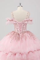 Laden Sie das Bild in den Galerie-Viewer, Prinzessin Blush Ballkleid Schulterfreies Quinceanera Kleid aus Tüll mit Stickerei