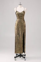 Laden Sie das Bild in den Galerie-Viewer, Schwarzes goldenes Spaghettiträger Etui Abendkleid mit Schlitz