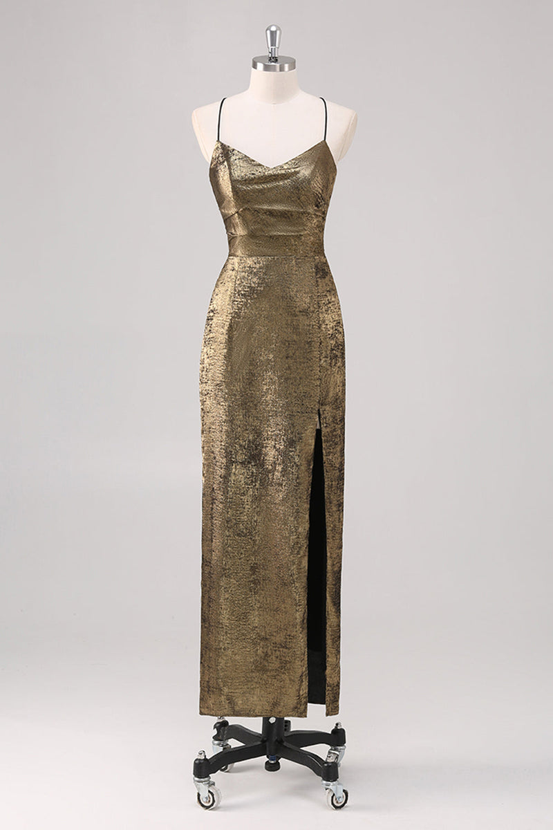 Laden Sie das Bild in den Galerie-Viewer, Schwarzes goldenes Spaghettiträger Etui Abendkleid mit Schlitz