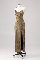 Laden Sie das Bild in den Galerie-Viewer, Schwarzes goldenes Spaghettiträger Etui Abendkleid mit Schlitz